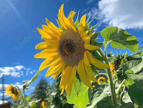 Fototapeta A large sunflower blooms in the blue sky, with several other flowers blooming behind it. The background is blue and white clouds, with a close-up shot of sunlight shining on part of its petals.