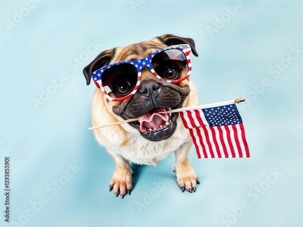 Obraz A playful pug sits happily, showcasing vibrant sunglasses adorned with stars and stripes, holding a tiny American flag between its teeth, embodying festive cheer and joy.
