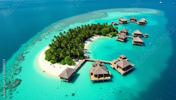 Fototapeta Aerial view of tropical island with overwater bungalows on stilts in crystal clear water, relaxation, vacation