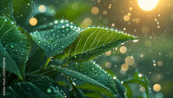 Fototapeta Green Leaves Covered with Water Droplets Sparkling in the Sunlight