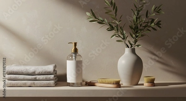 Fototapeta Elegant bathroom still life with soft towels, hand soap, brushes, and a vase of greenery against a textured neutral wall and soft natural light.