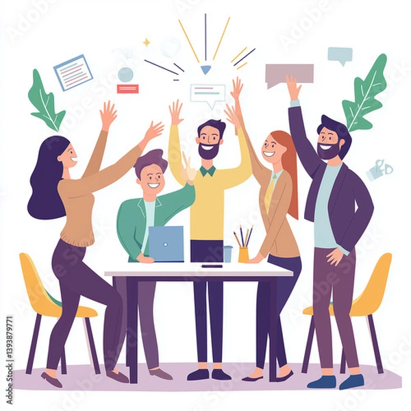 Fototapeta A group of employees celebrating a successful project