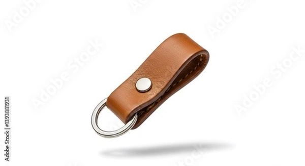 Fototapeta Brown beige leather keychain with a silver metal key ring and clasp. White background