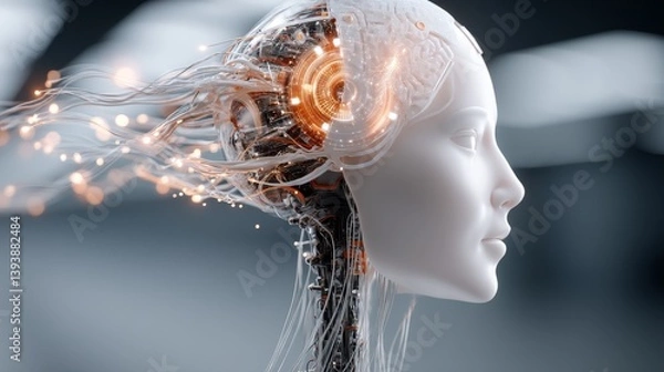 Obraz Human brain connected with AI data in futuristic research room, cinematic style with glowing screens and floating holograms, representing advanced AI and neuroscience technology and innovation.