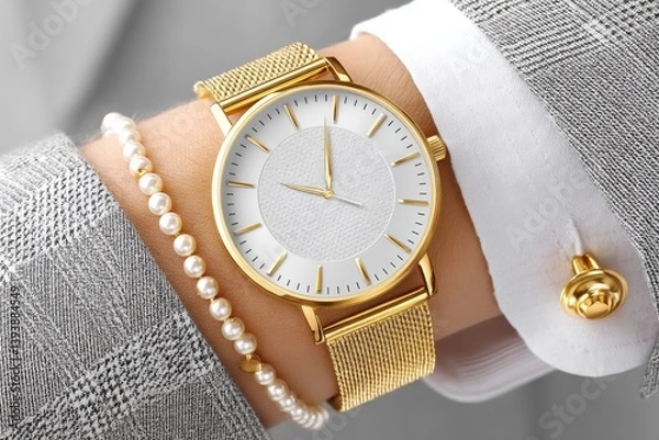 Fototapeta A close-up of a luxury watch on a man wrist with suit cuffs and polished cufflinks
