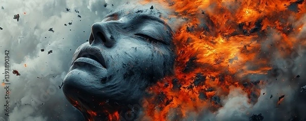 Fototapeta Art of bipolar disorder, fragmented human face, visualizing endless emotional suffering and internal conflict between soul and body, generative AI, surreal and dramatic composition