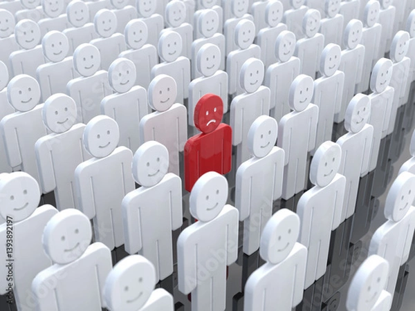 Obraz 笑顔で並ぶ人々と不満の人　アイコン　斜め　3Dイラストレーション