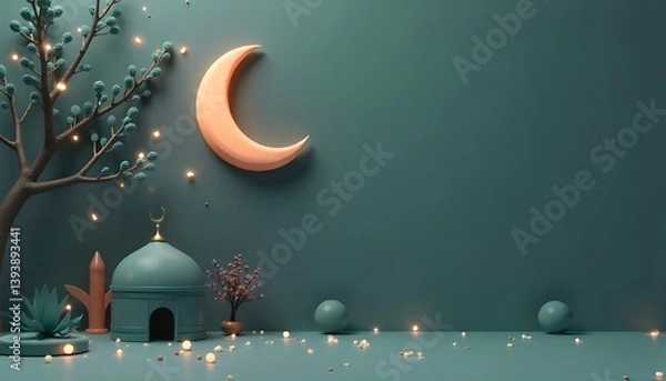 Fototapeta A 3D-rendered banner showcasing an Islamic celebration theme in a minimalist, monotone color scheme, perfect for eid al adha or mubarak