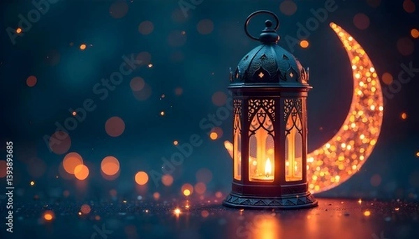 Fototapeta A shimmering holographic lantern and crescent moon design symbolizing the spirit of Ramadan Kareem or eid al adha
