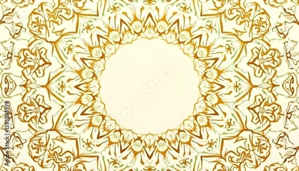 Fototapeta Abstract Eid-themed mandala pattern in gold and beige with center blank for text, perfect for invitations or greetings