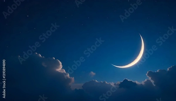 Fototapeta Night sky with glowing crescent moon and sparkling stars, subtle clouds, ideal for festive Eid al adha or mubarak