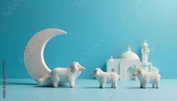 Fototapeta A 3D illustration of a crescent moon and sheep set against a blue backdrop, symbolizing the spirit of Eid al-Adha