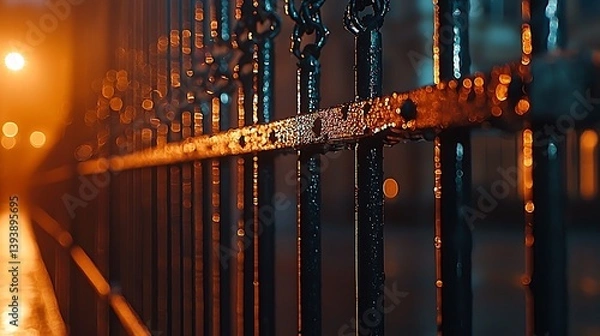 Obraz A wrought iron fence gleams with moisture at night, reflecting blurred orange street lights in the background