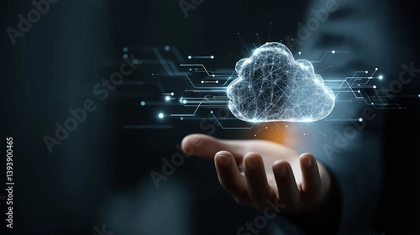 Obraz Business professional holding hand with floating cloud symbol, surrounded by digital connections on dark background, symbolizing AI, VPNs, data networks, and tech innovation.