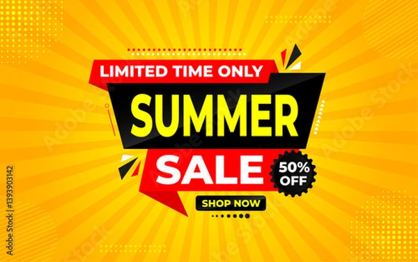 Fototapeta Summer sale Discount banner. summer offer sale banner vector template. Sale label and discounts background, Discount Promotion marketing poster design for web and Social. Vector Illustration.