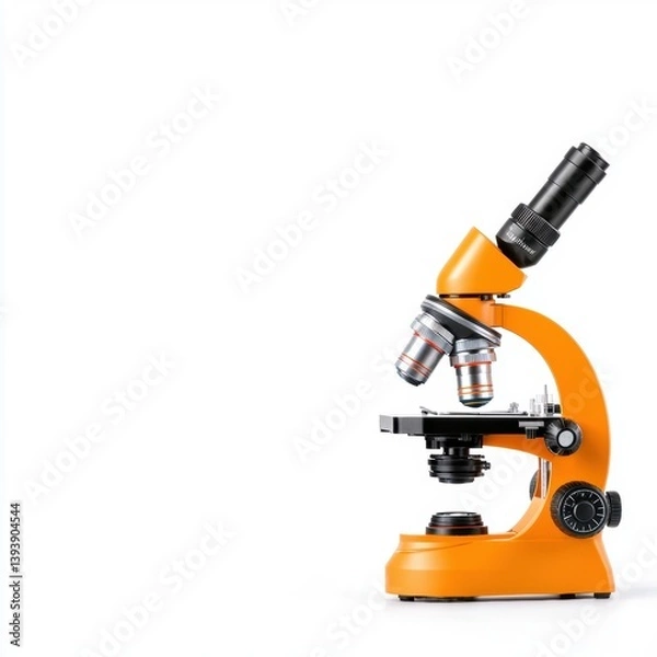 Fototapeta A bright orange microscope stands against a white background, designed for scientific observation and analysis of small objects.