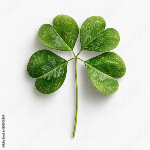 Obraz vibrant green four leaf clover with distinct leaf patterns, symbolizing luck and prosperity, rests on light background, showcasing its natural beauty and intricate details