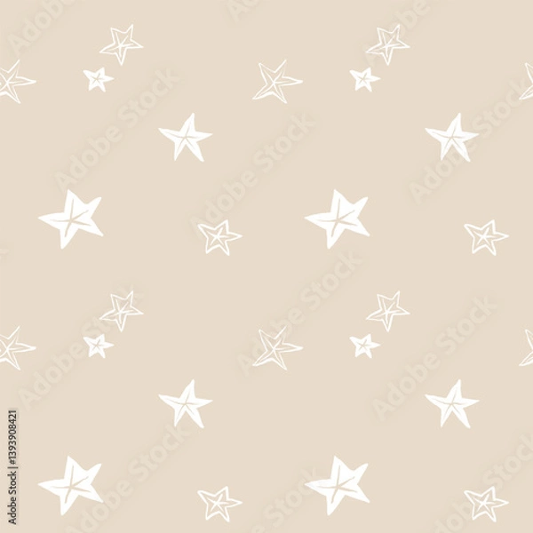 Fototapeta Seamless pattern with hand-drawn starfish on beige background. Nautical marine repeat design in minimalist line art style. 