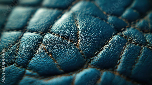Fototapeta Textured blue leather with intricate patterns and stitching creates visually appealing surface. close up craftsmanship quality material luxury