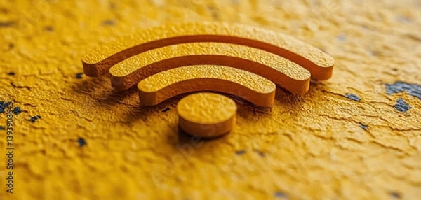 Fototapeta vibrant and textured close up of Wi Fi symbol in striking yellow color, set against rough surface, evokes sense of connectivity and modern technology