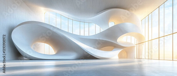Obraz minimalist interior featuring abstract white curved structures, bathed in natural light from large windows, creates serene and modern atmosphere. design emphasizes fluidity and elegance