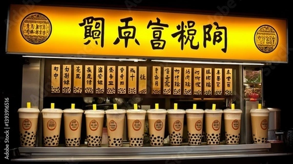 Fototapeta Rows of boba tea drinks lined up beneath a menu sign on an illuminated stand with golden, asian lettering design