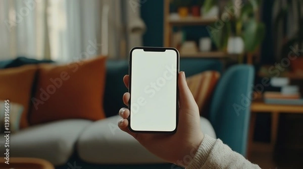Fototapeta Modern Smartphone Mockup White Screen Blank Display Hand Holding Device Cozy Home Interior Background Comfortable Living Room Setting Relaxing        