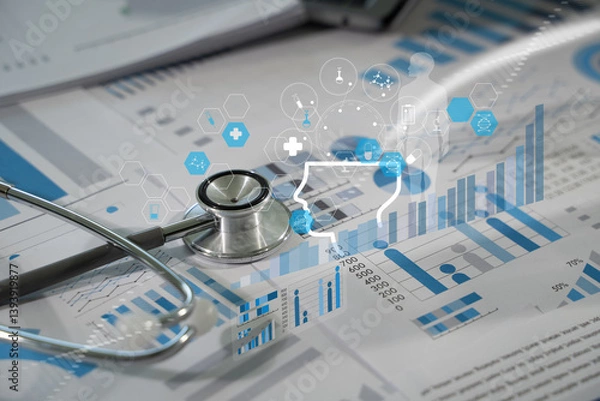 Fototapeta Healthcare professional analyzing medical reports Analyze Data Doctors use digital systems and software to analyze patient data, improving diagnosis