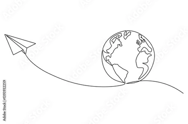 Fototapeta Continuous one line drawing of Globe earth with paper airplane. Single line drawing illustration of earth and papper plane. Start journey concept vector art. Doodle line illustration.