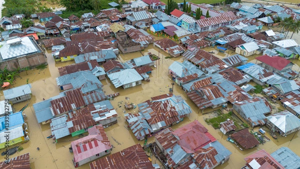Fototapeta Aerial View of Flooded Residential Area