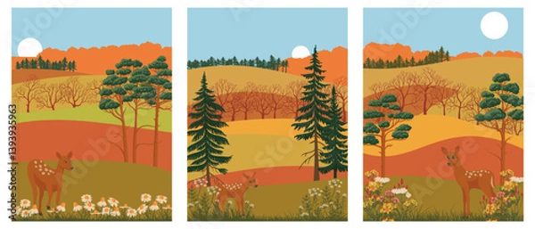 Fototapeta vector drawing set of cards with autumn landscapes with daisy flowers, sika deer, sun and pine trees, hand drawn illustration