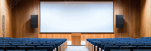 Fototapeta An empty auditorium awaits, poised for a captivating presentation or inspiring lecture, with rows of blue seats facing a large screen and wooden walls.