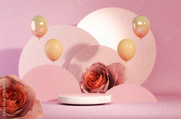 Obraz 3D podium display, pastel pink background with rose flowers. Peonies flower and palm leaf shadow. Minimal pedestal for beauty, cosmetic product. Valentine, feminine copy space template 3d render	
