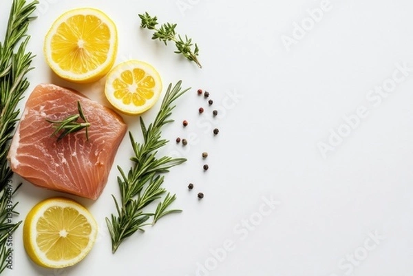 Fototapeta Preparing Salmon with Lemon and Rosemary on White Background for Recipe
