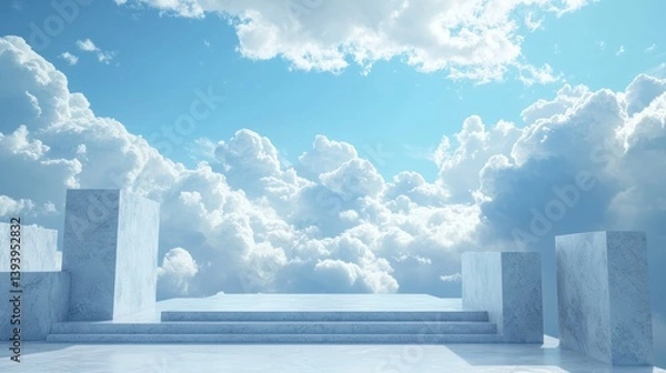 Fototapeta Marble platform, cloudscape backdrop, product display
