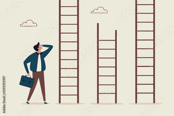 Fototapeta Choosing success ladder, difference career path, opportunity or various choices, challenge to choose best option, climb up ladder of success concept, businessman thinking to choose the right ladder.