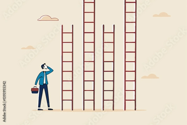 Fototapeta Choosing success ladder, difference career path, opportunity or various choices, challenge to choose best option, climb up ladder of success concept, businessman thinking to choose the right ladder.