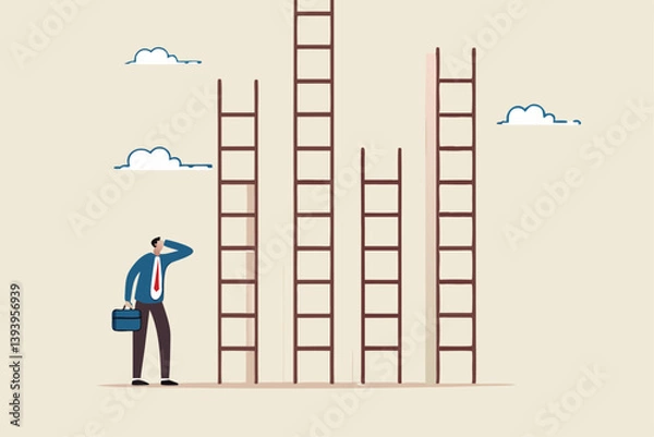 Fototapeta Choosing success ladder, difference career path, opportunity or various choices, challenge to choose best option, climb up ladder of success concept, businessman thinking to choose the right ladder.