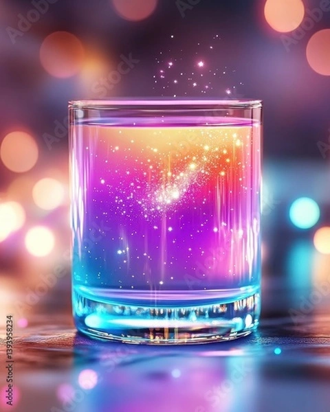 Obraz A magical potion drink with swirling neon colors, fairy dust floating inside