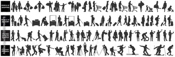 Obraz silhouettes of architecture drawing people. Architectural drawing people at airport, shopping, working group of people and different hobbies in row section elevation view. characters in architectural.