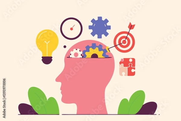 Fototapeta Learn new skills, knowledge or ability to work achieve success, new idea, training or study new skills, upskill or smart thinking, human head brain with skills symbol, creativity, time management.