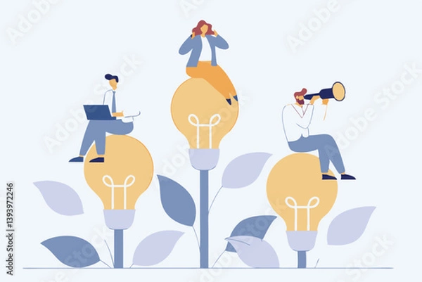 Obraz Corporate culture or employee value, organization, team success or career growth, community or company growth participation, HR concept, business people employee working on growing lightbulb plant.
