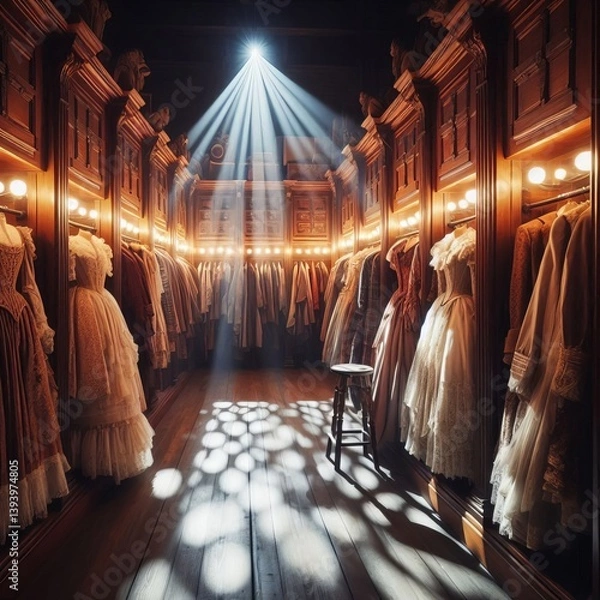 Fototapeta Silent Costume Rack Rows of meticulously hung costumes in antiqu