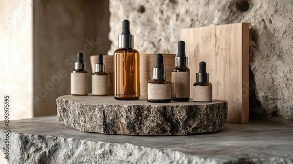 Obraz Luxury skincare display with stylish dropper bottles and perfume jars, artistically arranged on a rough stone background with wooden elements