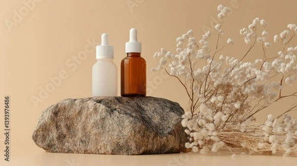 Obraz Minimalist and organic skincare concept with frosted glass dropper bottles and neutral-toned shampoo containers placed on a rock with wood.