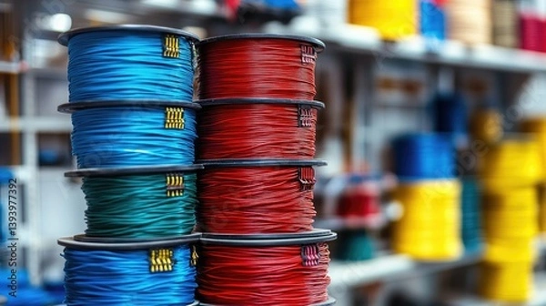 Fototapeta Spools of multicolored electrical wires stacked neatly in a workshop, ready for electrical installations