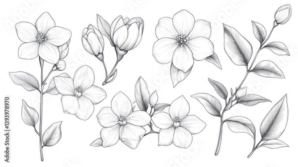 Fototapeta The Evolution of Bloom – Pencil Sketches of Flowers in Various Stages