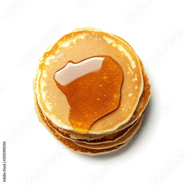 Fototapeta A fluffy pancake stack with a drizzle of maple syrup, isolated white background, modern art style