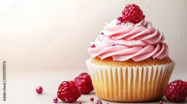 Obraz Pink raspberry cupcake, frosting, sprinkles, studio background, dessert
