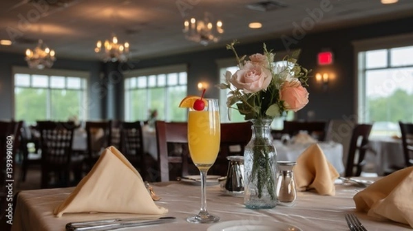 Obraz Table setting with beverage, flowers, and soft lighting in an elegant space